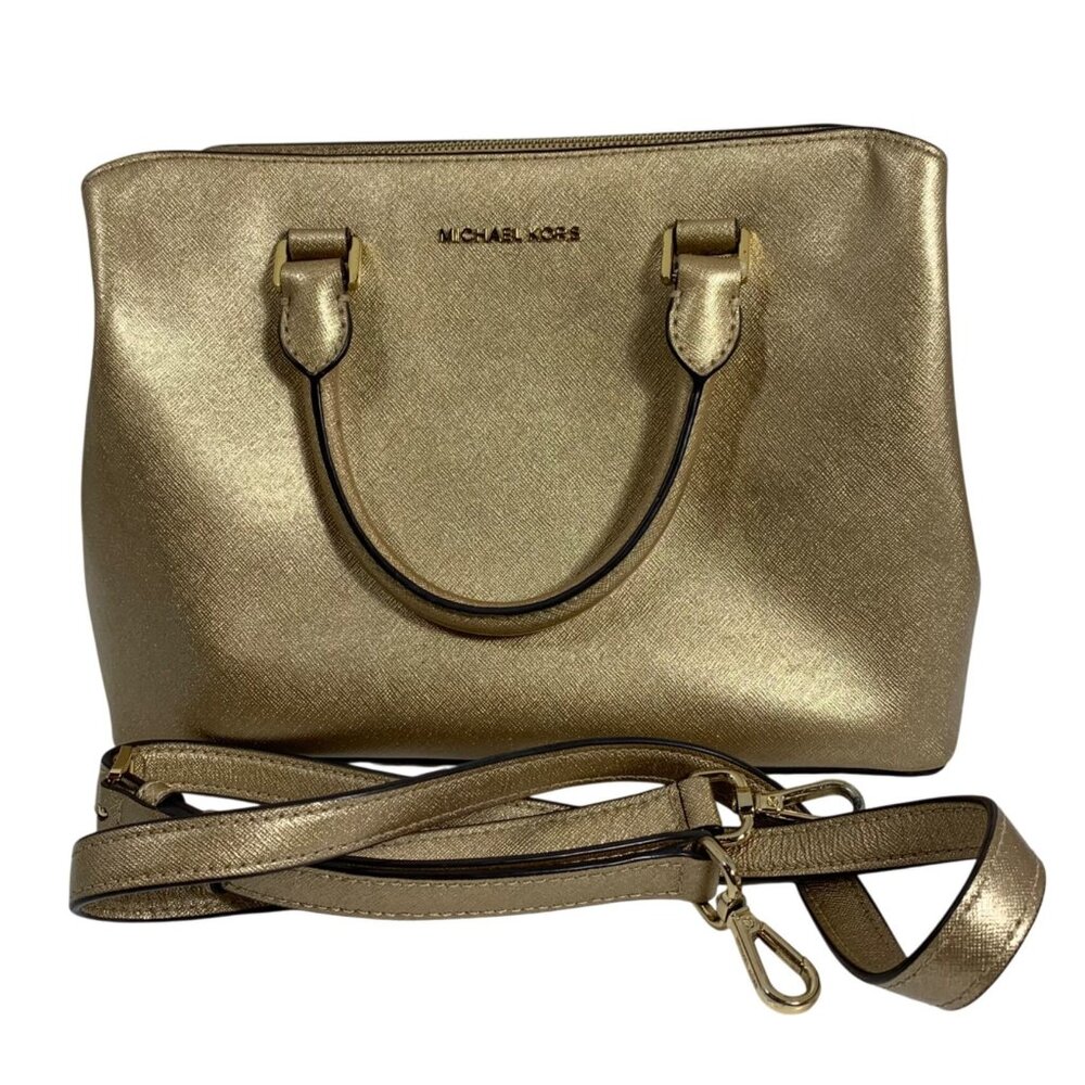 Michael Kors Savannah Gold Saffiano Medium Satchel Crossbody Detachable Strap